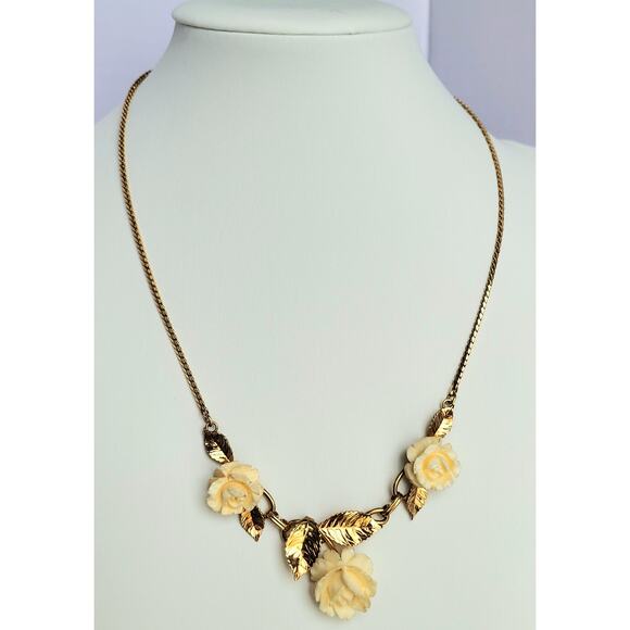 Vintage 1950s Van Dell Designer 12k Gold Filled Ivory Rose Necklace - Picture 2 of 11